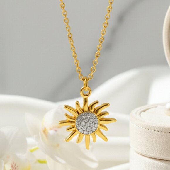 NKULTD Jewelry - Dainty Sunburst Pendant 18K Gold Plated Stainless Steel CZ Celestial Necklace